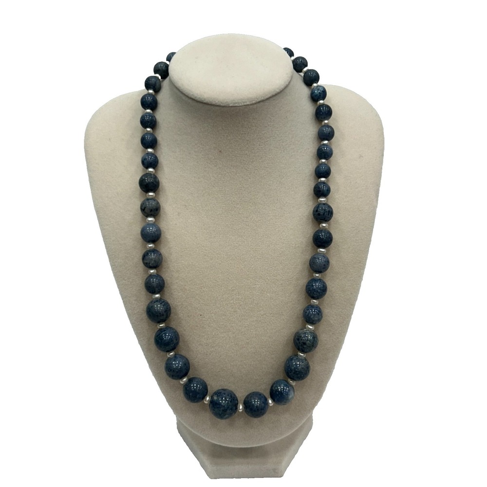 Blue Lava Stone Bead Necklace Faux Pearl Spacers‎ Statement Boho Jewelry 18"